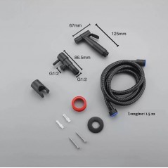 Set cap dus cu functie bideu, inox, cu pulverizator, suport, furtun, maner comutator, Negru
