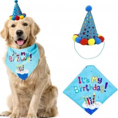 Bandana pentru ziua de nastere si mini palarie de petrecere, pentru caini si pisici, albastru