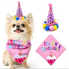 Bandana pentru ziua de nastere si mini palarie de petrecere, pentru caini si pisici, roz