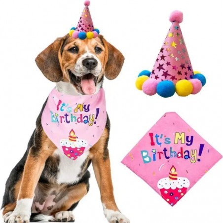 Bandana pentru ziua de nastere si mini palarie de petrecere, pentru caini si pisici, roz