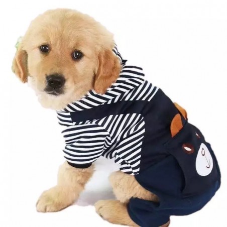 Bluza in dungi pentru caini, pisici, cu gluga, calduroasa, albastru inchis