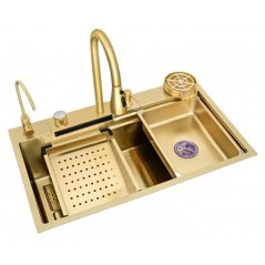 Set chiuveta bucatarie multifunctionala, statie de lucru, dus extractibil, spalator pahare, dozator sapun, Aurie