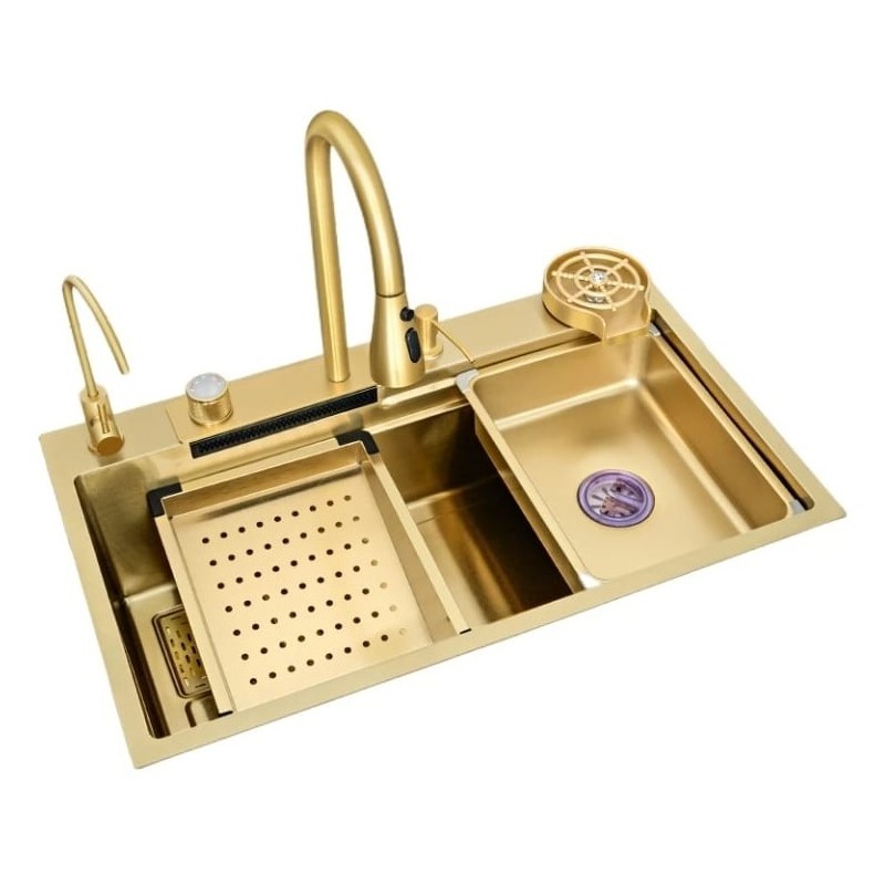 Set chiuveta bucatarie multifunctionala, statie de lucru, dus extractibil, spalator pahare, dozator sapun, Aurie