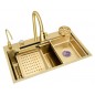 Set chiuveta bucatarie multifunctionala, statie de lucru, dus extractibil, spalator pahare, dozator sapun, Aurie