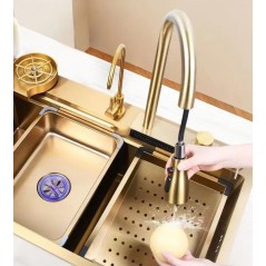 Set chiuveta bucatarie multifunctionala, statie de lucru, dus extractibil, spalator pahare, dozator sapun, Aurie