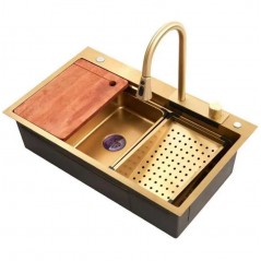 Set chiuveta bucatarie multifunctionala, statie de lucru, dus extractibil, spalator pahare, dozator sapun, Aurie