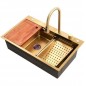 Set chiuveta bucatarie multifunctionala, statie de lucru, dus extractibil, spalator pahare, dozator sapun, Aurie