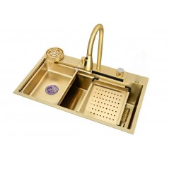 Set chiuveta bucatarie multifunctionala, statie de lucru, dus extractibil, spalator pahare, dozator sapun, Aurie