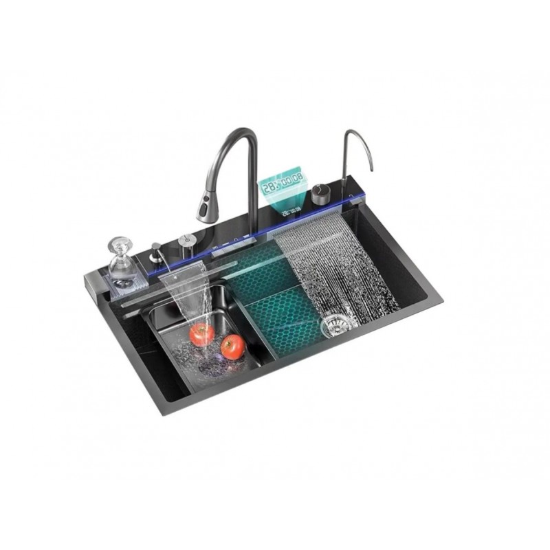 Set Chiuveta Bucatarie Premium Multifunctinala,Display Digital, Cascada, Spalator Pahare, Dozator Detergent, Gri antracit