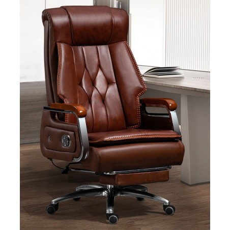 Scaun de birou directorial, PREMIUM, spatar rabatabil, suport de picioare, functie recliner, piele naturala, Maro