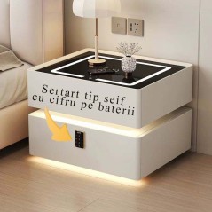 Noptiera smart, incarcare wireless, sertar tip seif, senzor de miscare, lumina ambientala, ALB