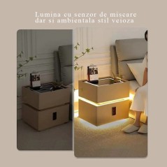 Noptiera smart, incarcare wireless, sertar tip seif, senzor de miscare, lumina ambientala, ALB
